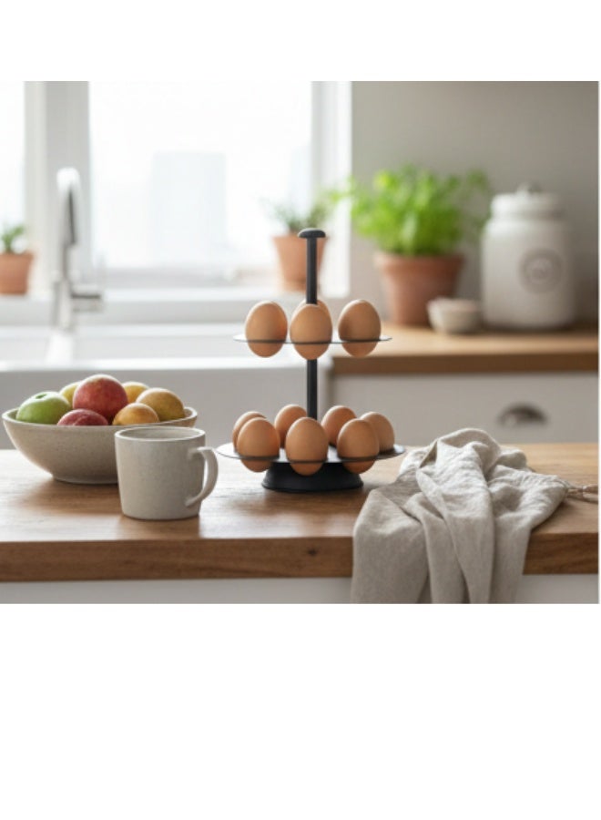 حامل بيض معدني مزدوج الطبقات غير دوار - منظم تخزين بيض دائري موفر للمساحة لسطح المطبخ أو الثلاجة - يتسع لـ 12 بيضة - تصميم أسود أنيق - Image 5